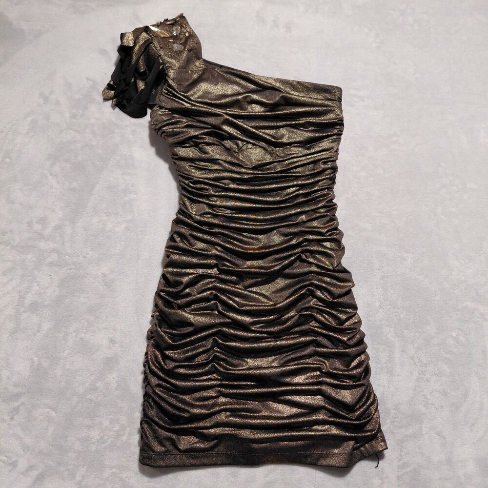 VTG 80s 90s Jessica McClintock Bronze Metallic Mini Dress One Shoulder Sz 4